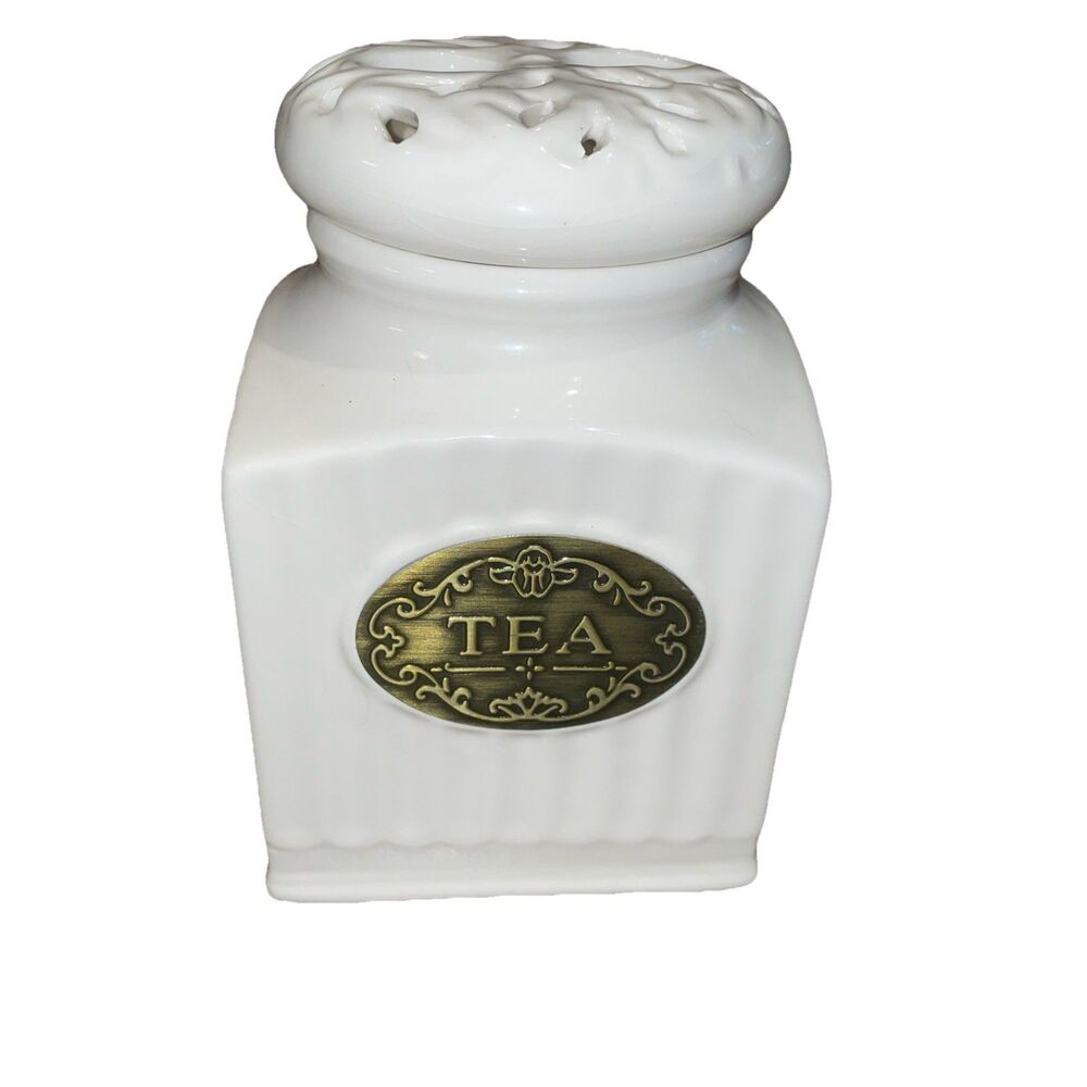 THL Vintage White Ceramic TEA Canister Jar Farmhouse French Country Kitchen